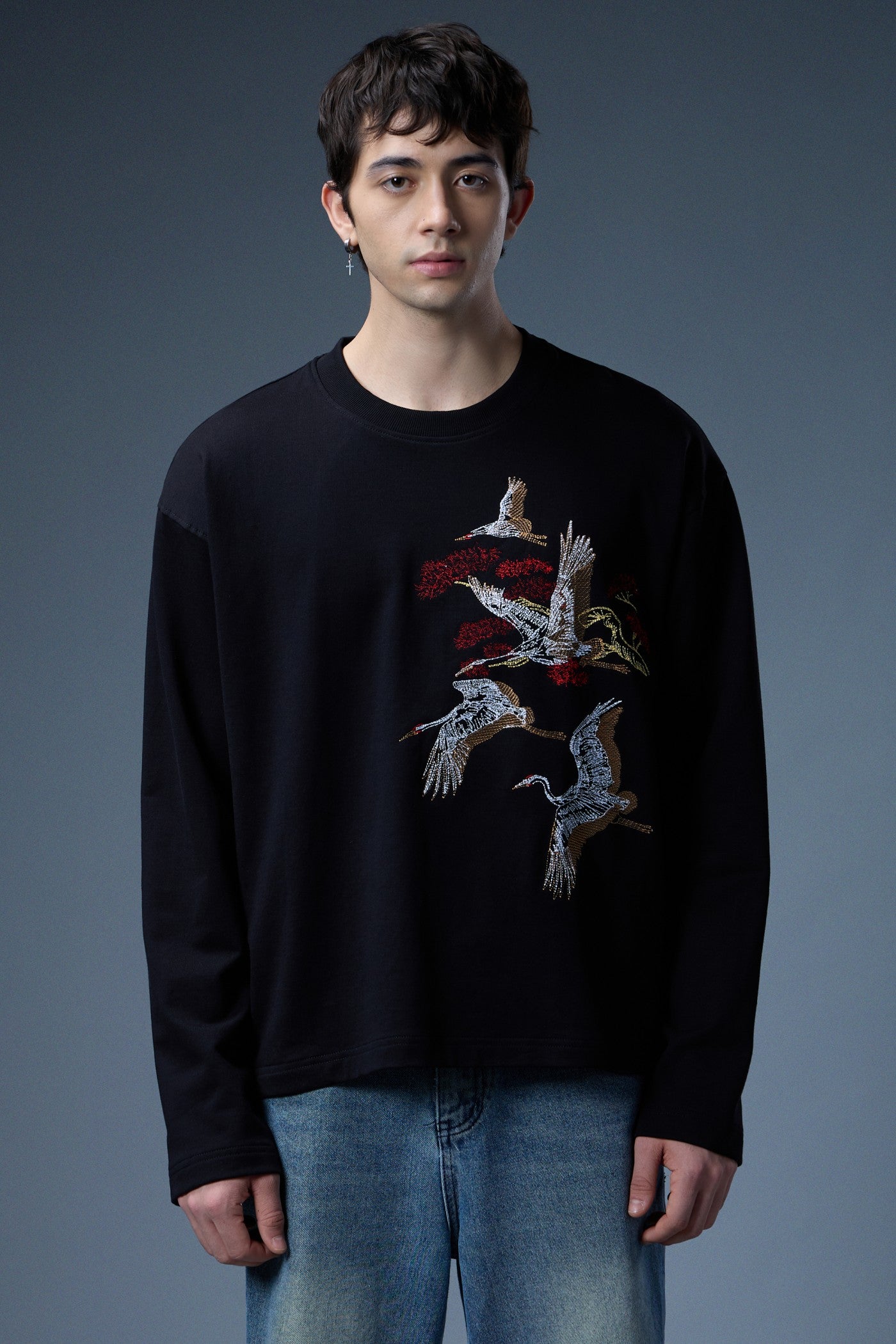 CRANE GARDEN EMBROIDERED LONG-SLEEVE T-SHIRT