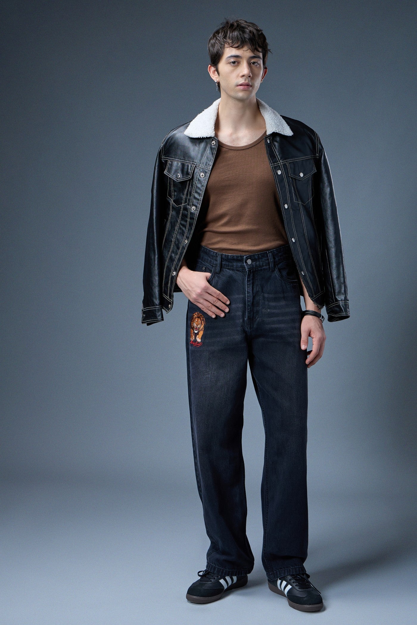 LION EMBROIDERED BAGGY DENIM JEANS