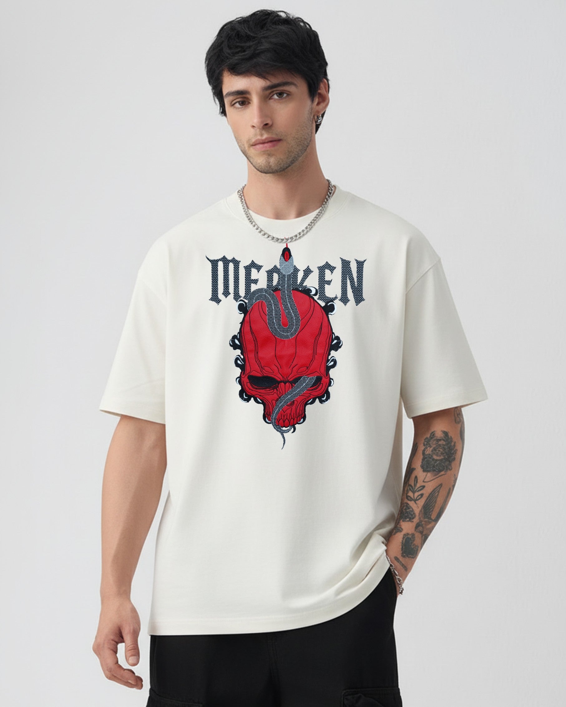 SKULL & SERPENT EMBROIDERED OVERSIZED T-SHIRT