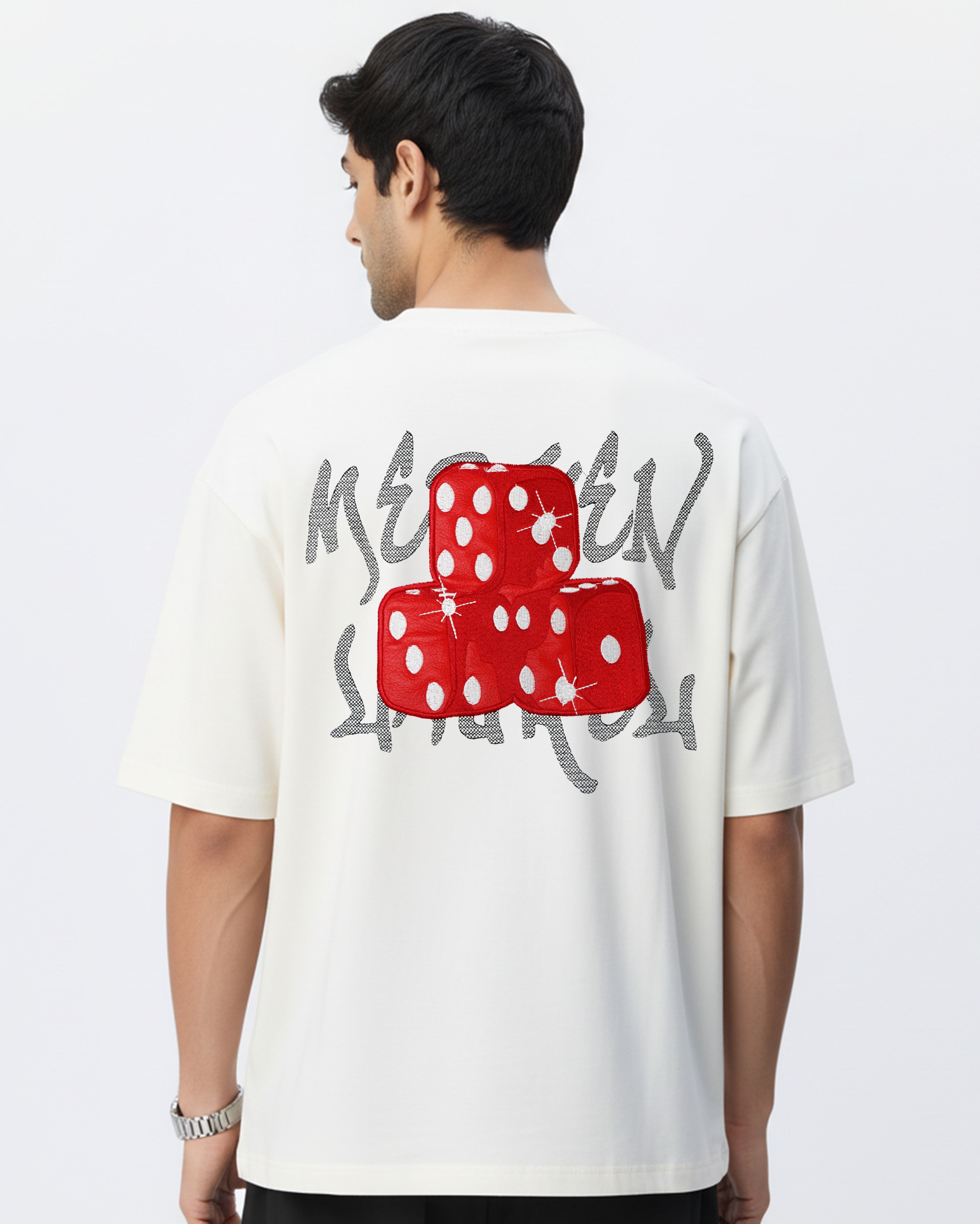 DICE APPLIQUE WHITE EMBROIDERED OVERSIZED T-SHIRT