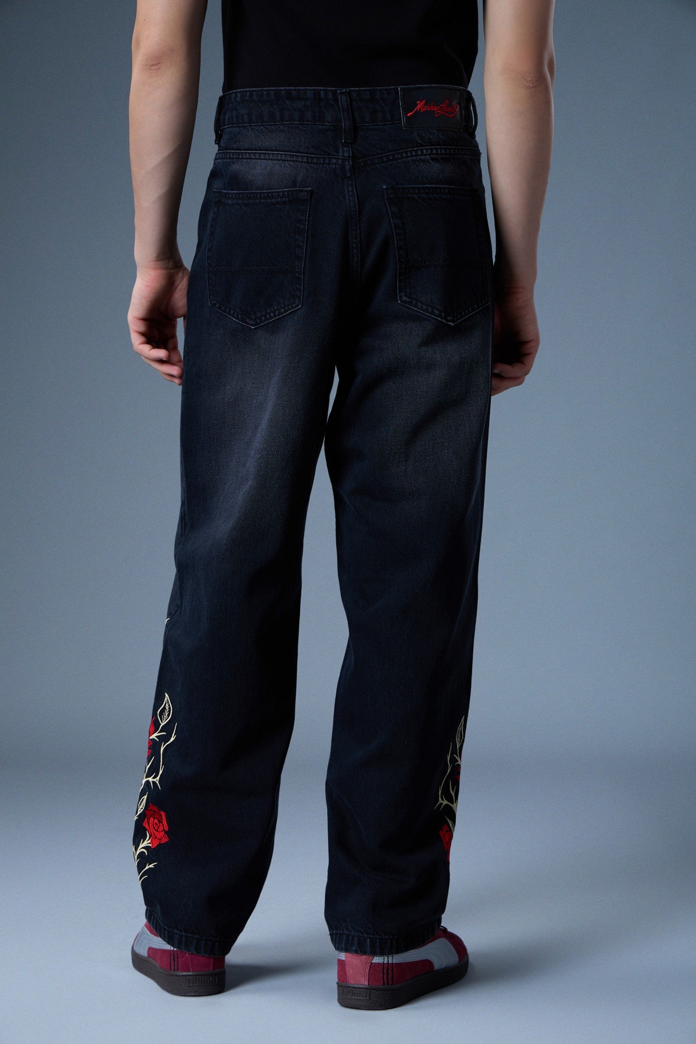 ROSE VINE EMBROIDERED BAGGY DENIM JEANS