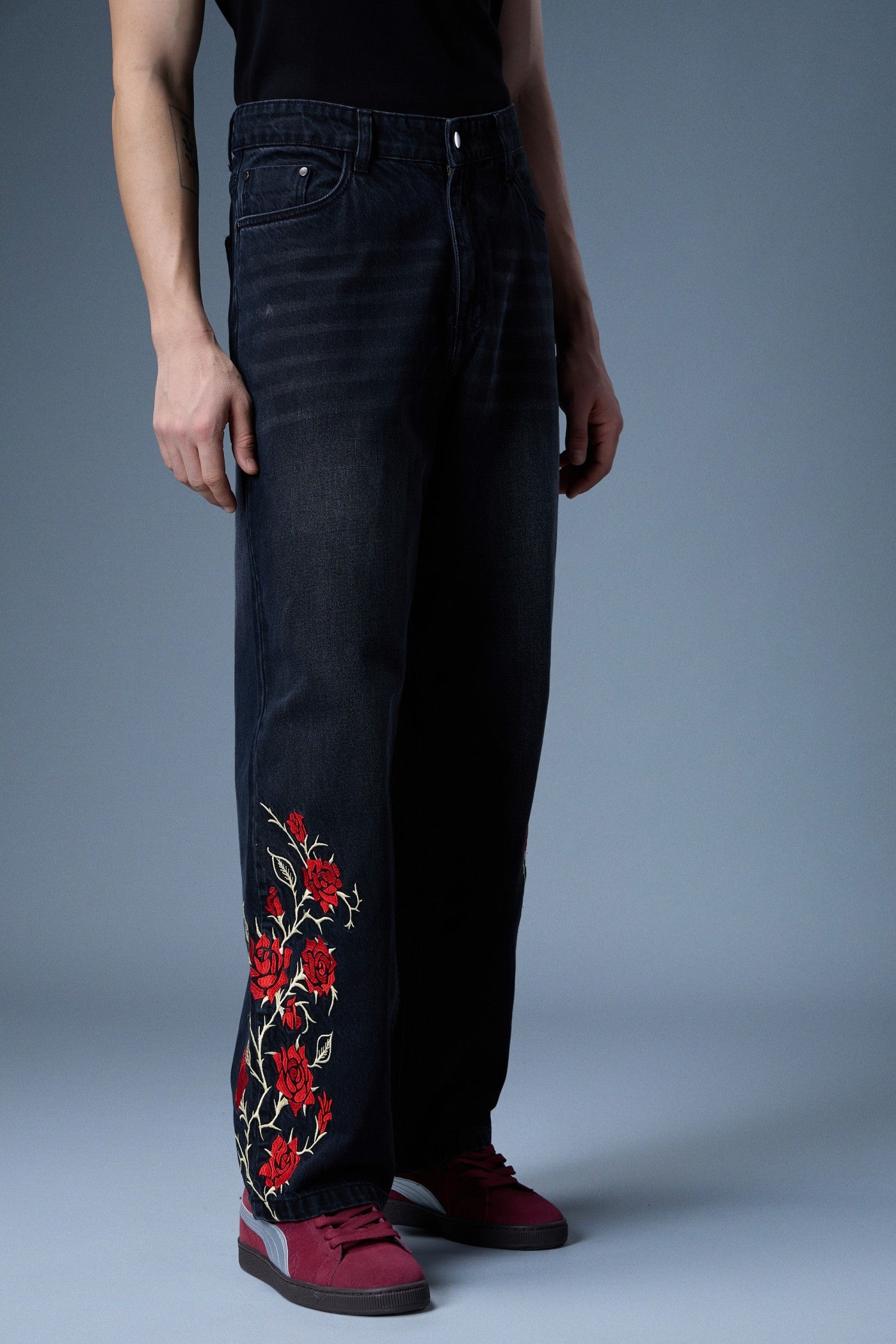 ROSE VINE EMBROIDERED BAGGY DENIM JEANS