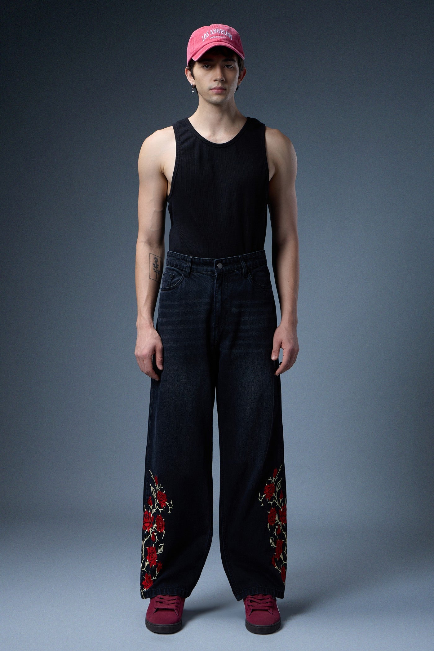ROSE VINE EMBROIDERED BAGGY DENIM JEANS