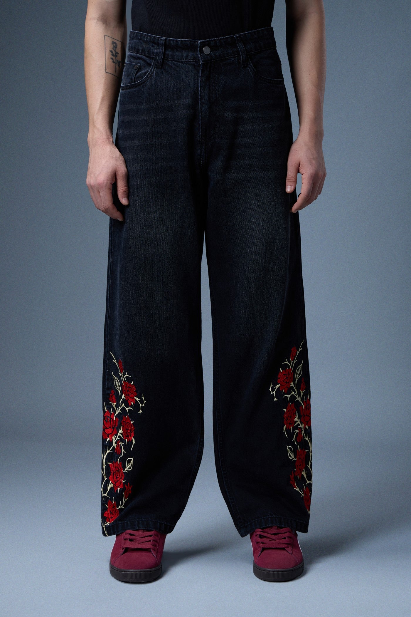 ROSE VINE EMBROIDERED BAGGY DENIM JEANS