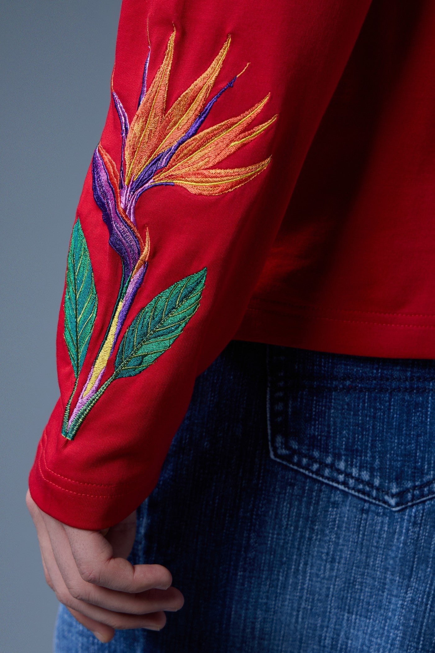 BIRD OF PARADISE EMBROIDERED LONG-SLEEVE T-SHIRT