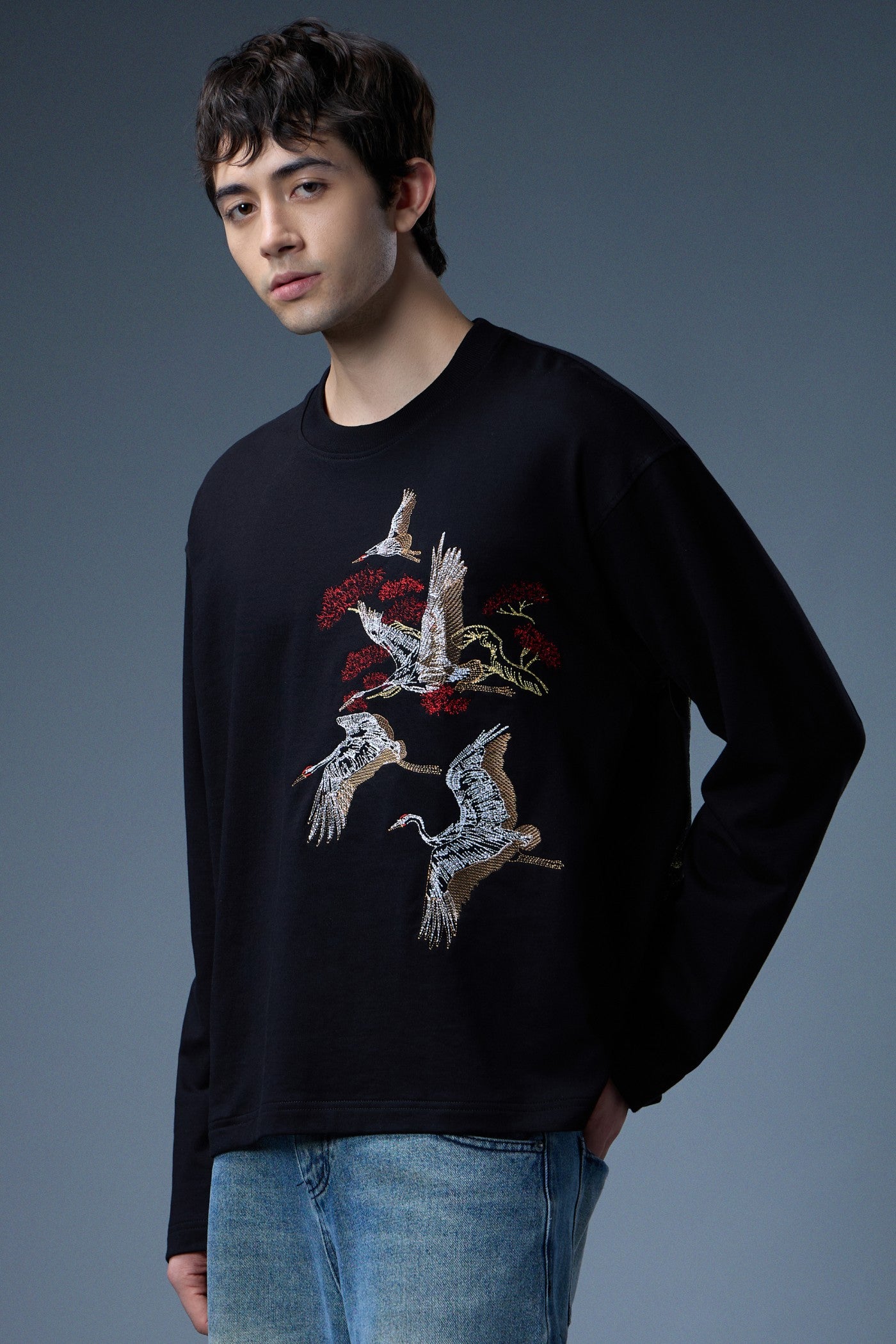 CRANE GARDEN EMBROIDERED LONG-SLEEVE T-SHIRT