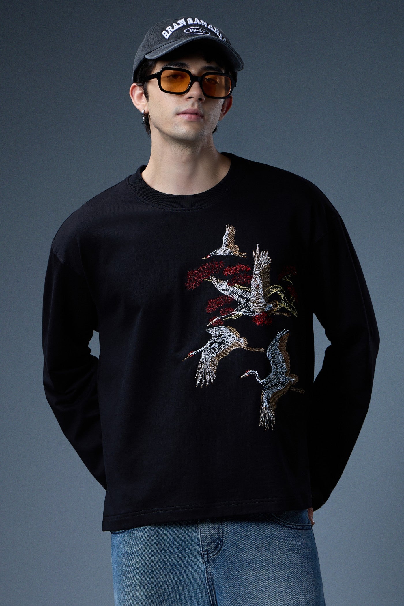 CRANE GARDEN EMBROIDERED LONG-SLEEVE T-SHIRT