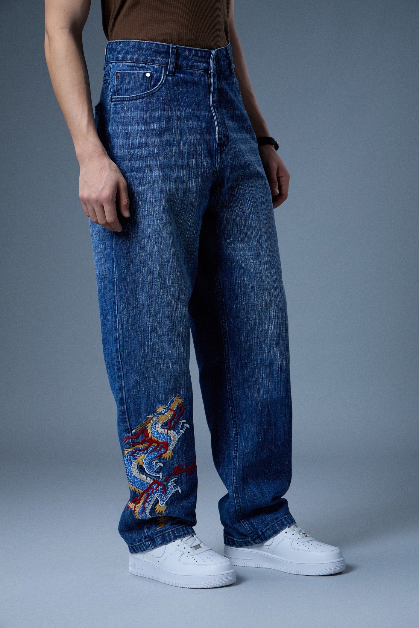 DRAGON EMBROIDERED BAGGY DENIM JEANS