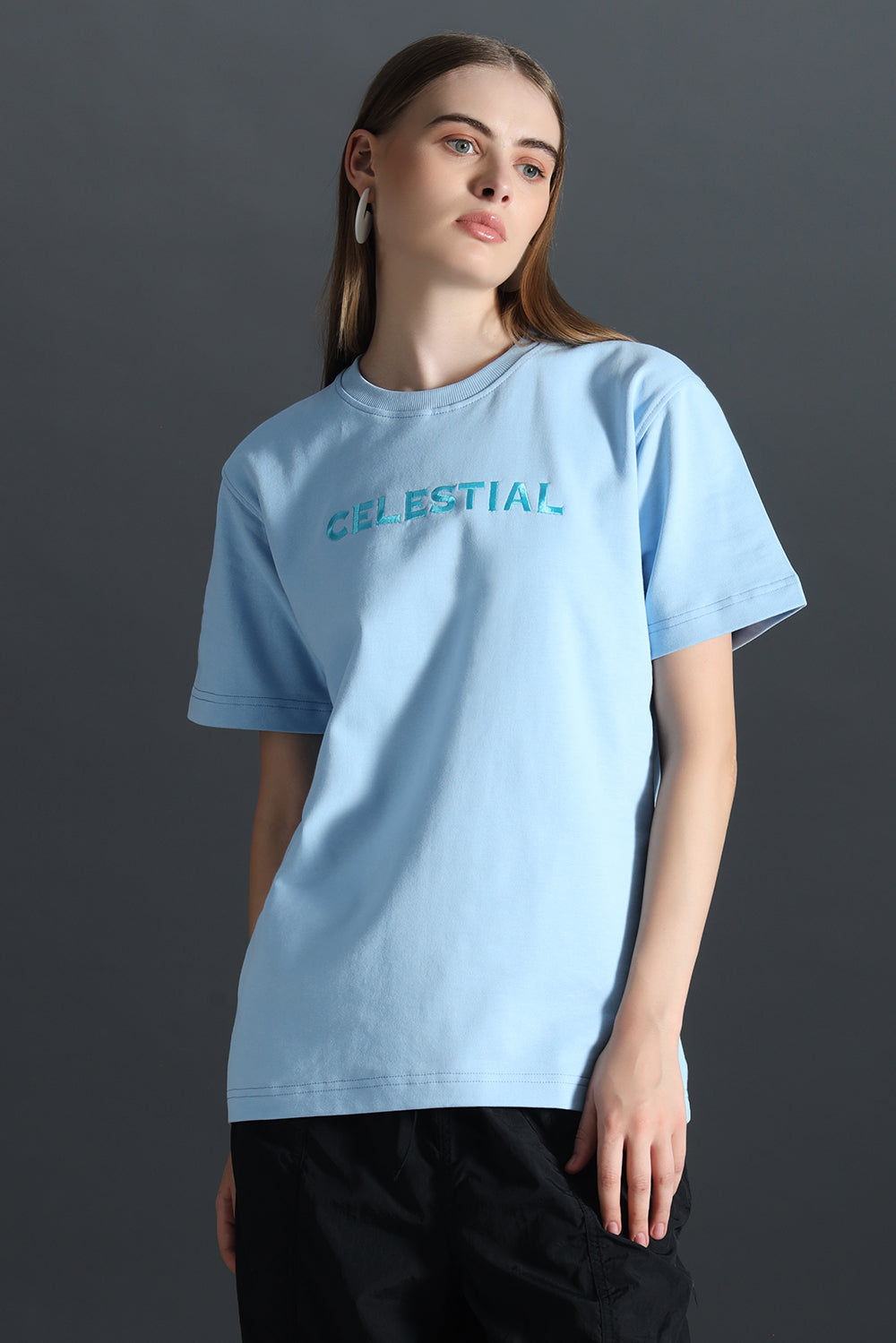 CELESTIAL WOMENS RELAXED FIT EMBROIDERED T-SHIRT