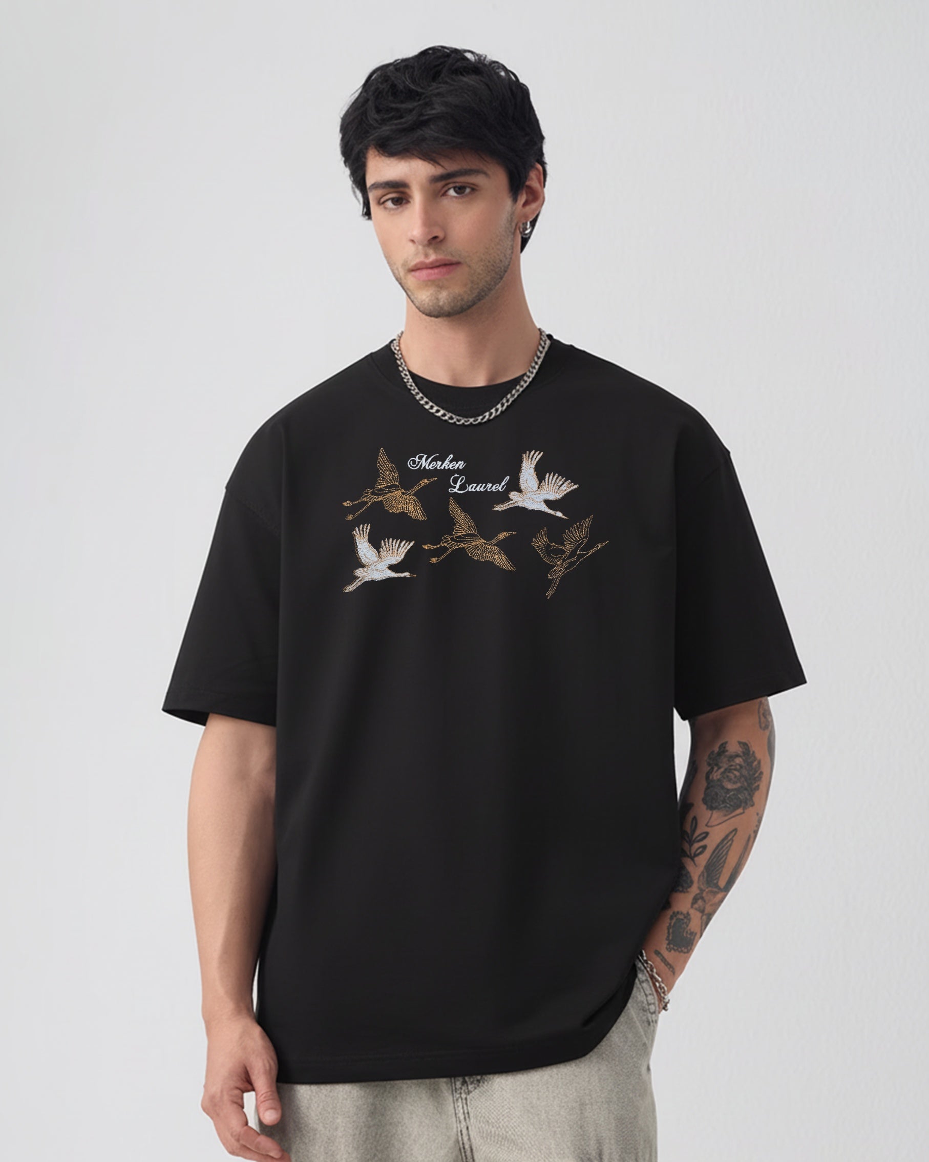 GOLDEN BIRDS EMBROIDERED OVERSIZED T-SHIRT